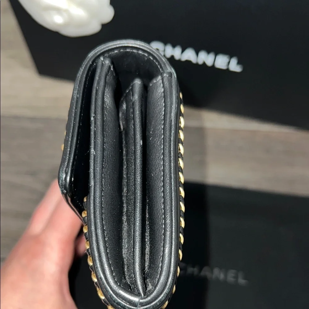 RARE!! Chanel Black and Gold Quilted distressed chain flap wallet